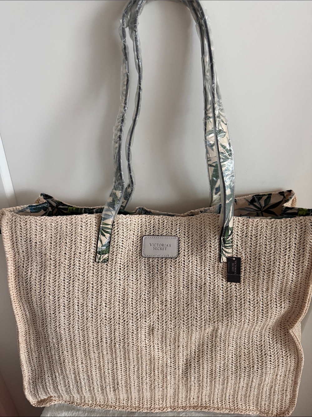 Victoria's Secret Beige Straw Tote with Tropical-Print Handles
